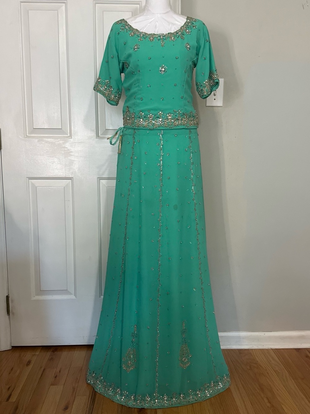 Desi Style Beaded Teal Women's Skirt and Top Set (matching dupatta included)